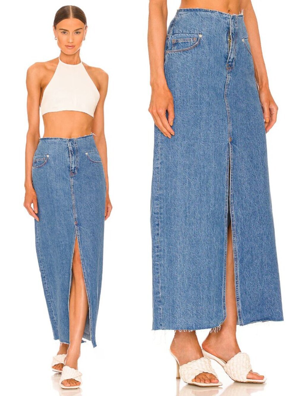 Frame Blue Cut-off Waist Denim Maxi Skirt Size 27 36448